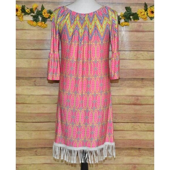 R. Rouge Pink Hippie Retro Midi Dress Size S Bell Sleeves Fringe Colorful Bright - Picture 7 of 11